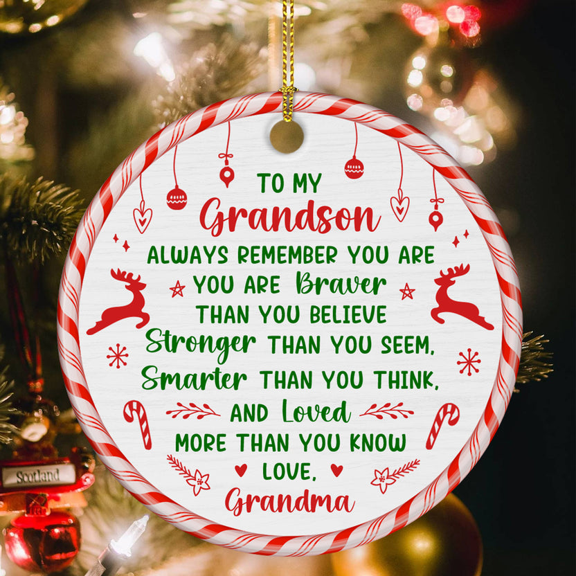 Grandsons Gifts, You Are Braver Than You Believe Christmas Candy Cane Theme Circle Ceramic Ornament, Personalized Christmas Ornament, Gifts For Boys From Nana, Xmas Tree Decor