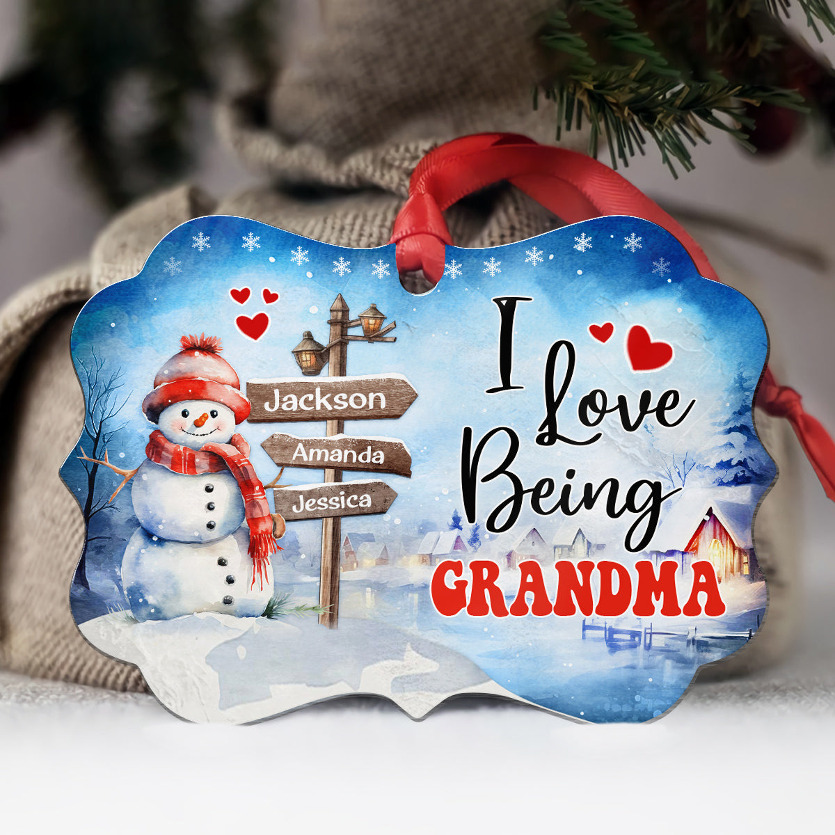 Gifts For Grandma, Cute Xmas Winter Street Sign I Love Being Grandma, Personalized Christmas Ornament Gifts For Grandparent From Grandchildren Medallion Aluminum Ornament Women Keepsake
