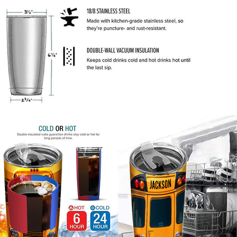 Personalized Tumbler For Men Dad Husband Coworker From Family Friends Custom Name Tumbler, Insulated Stainless Steel Travel Cup, School Bus Front And Back View Design, For Teacher