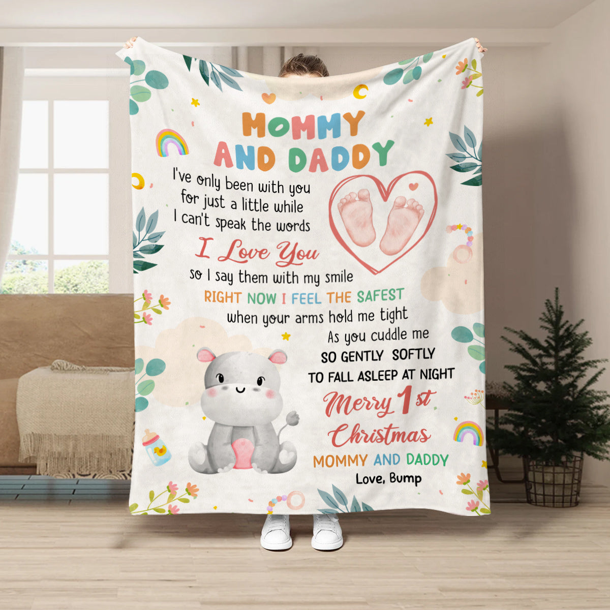 Merry 1st Christmas Mommy Daddy I've Only Been With You A While Footprint Baby Hippo, Personalized Blanket, Gifts For New Parents, Fleece Sherpa Blanket, New Parents, Gifts For Xmas