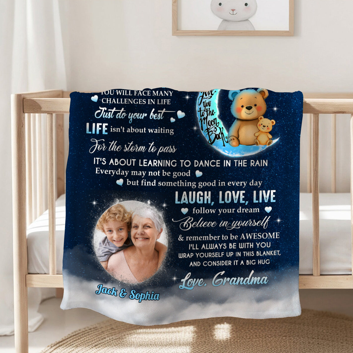 Grandsons Gifts, As You Grow Older You Will Face Many Challenges In Life Bear And Photo, Personalized Blanket, Gifts For Grandson From Grandma,Fleece Sherpa Blanket, Gifts For Christmas