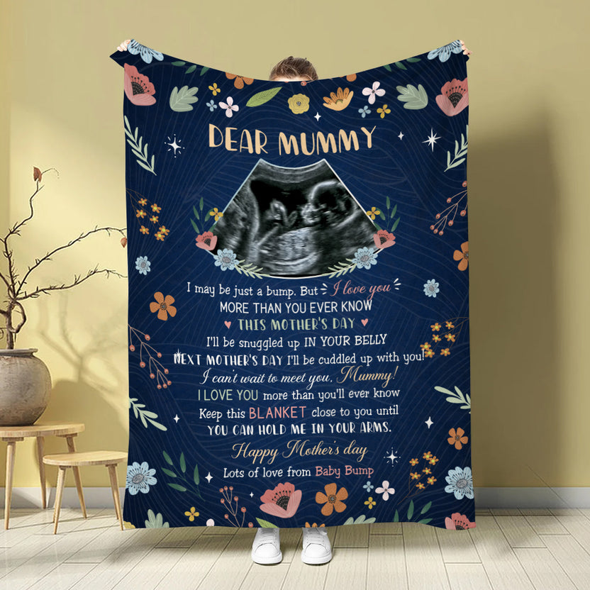 Mom To Be Gifts, Floral Printed With Baby's Sonogram Photo I'll Be Snuggled Up In Your Belly, Personalized Blanket, Gifts For New Mommy, Fleece Sherpa, New Mom Blanket For Mother's Day