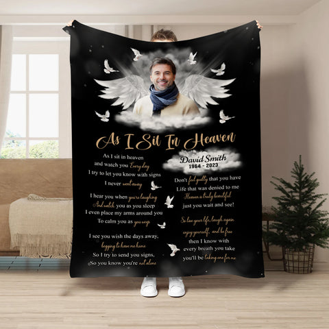 Sympathy Gifts, Memorial Blanket With Photo, Personalized Memorial Blanket, Heavenlies Angel Portrait Artwork, Remembrance Verse With Clouds And Doves, Spiritual Comfort Message