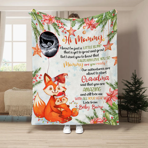 Fox Pregnancy Announcement Blanket From Baby Bump Hi Mommy, Ultrasound Reveal Gifts New Mom And Father, Soft Blanket For Expecting Mother, Cute Christmas Keepsake Gifts For New Parents