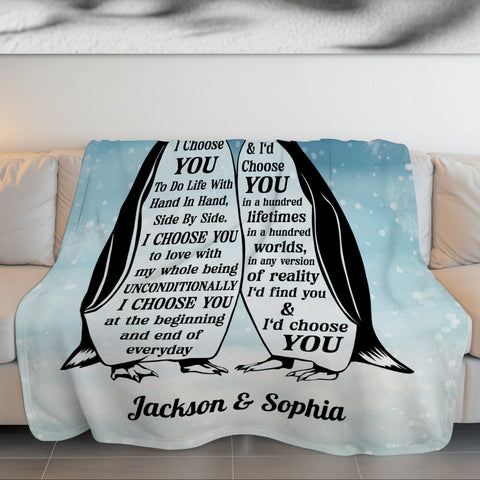 Mr And Mrs Gifts, Penguin Couple Silhouette Vintage I'd Find You & I'd Choose You, Personalized Blanket, Gifts For Him Her Honey, Custom Fleece Sherpa Blanket For Valentine Anniversary