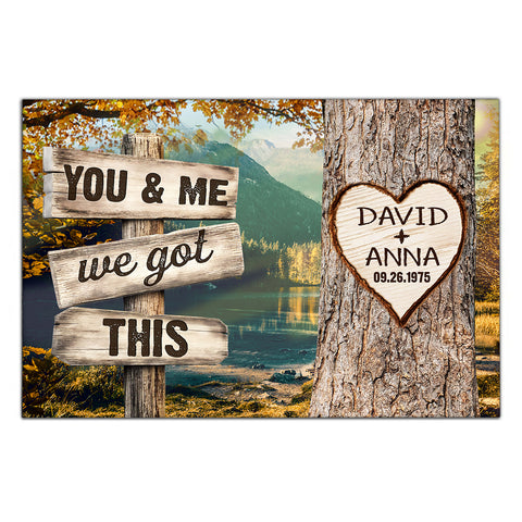 Personalized Couple Poster We Got Rustic Wood Sign Print Custom Name & Date Heart On Tree Autumn Forest Landscape, You & Me, Gifts For Him Her From Honey, Canvas Prints Wall Decor