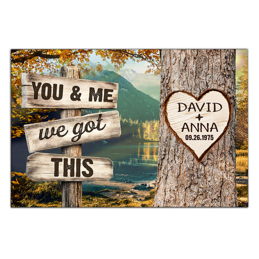 Personalized Couple Poster We Got Rustic Wood Sign Print Custom Name & Date Heart On Tree Autumn Forest Landscape, You & Me, Gifts For Him Her From Honey, Canvas Prints Wall Decor