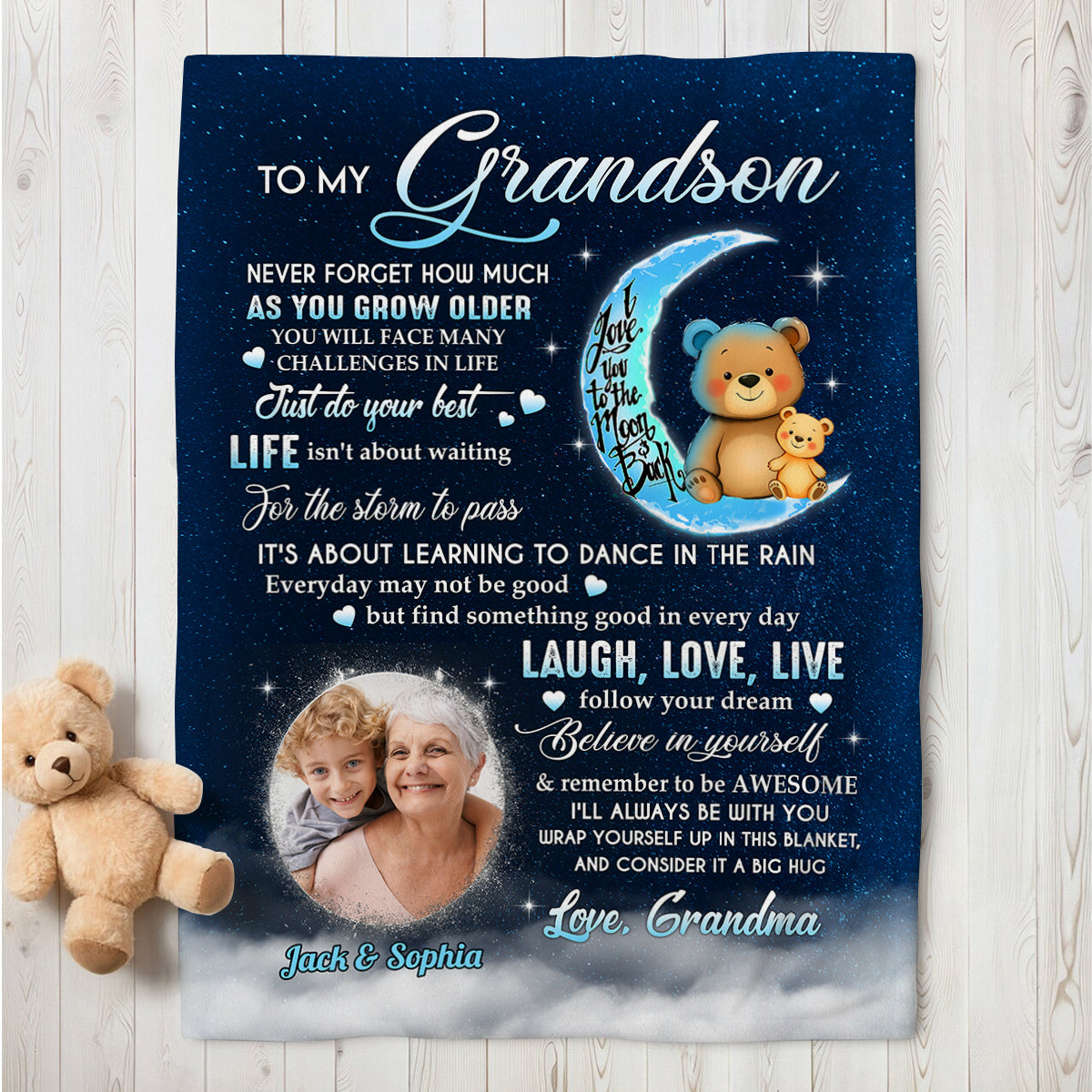 Grandsons Gifts, As You Grow Older You Will Face Many Challenges In Life Bear And Photo, Personalized Blanket, Gifts For Grandson From Grandma,Fleece Sherpa Blanket, Gifts For Christmas