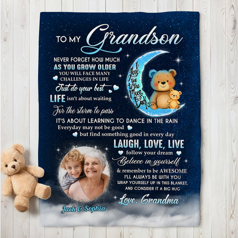 Grandsons Gifts, As You Grow Older You Will Face Many Challenges In Life Bear And Photo, Personalized Blanket, Gifts For Grandson From Grandma,Fleece Sherpa Blanket, Gifts For Christmas
