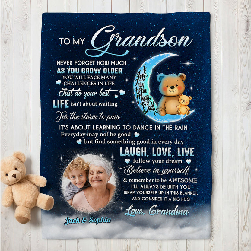 Grandsons Gifts, As You Grow Older You Will Face Many Challenges In Life Bear And Photo, Personalized Blanket, Gifts For Grandson From Grandma,Fleece Sherpa Blanket, Gifts For Christmas