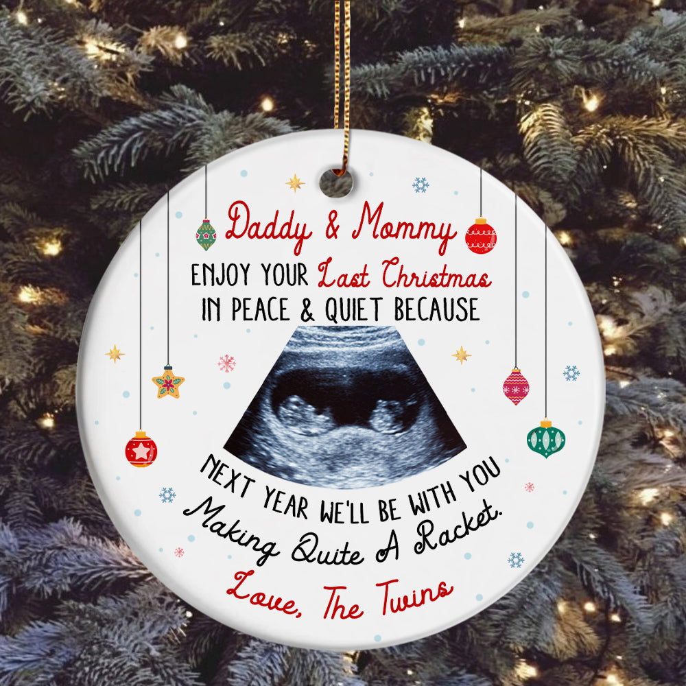 Daddy & Mommy Twins Ultrasound Ornament, Last Peaceful Christmas, Pregnancy Reveal Xmas Gift, Custom Sonogram Expecting Parents Keepsake