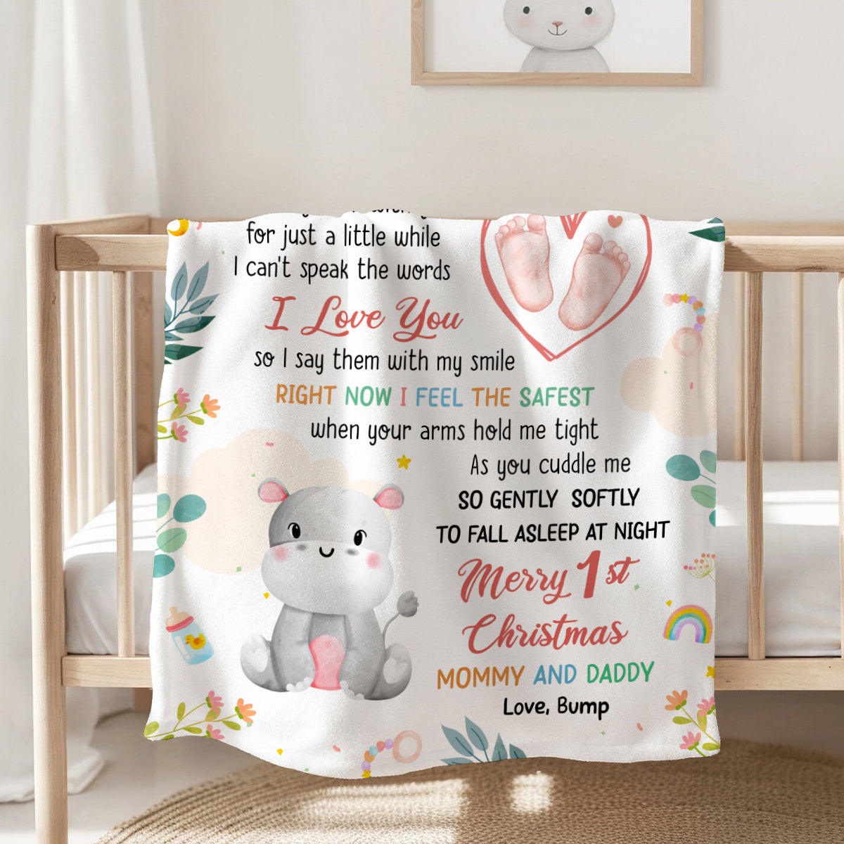 Merry 1st Christmas Mommy Daddy I've Only Been With You A While Footprint Baby Hippo, Personalized Blanket, Gifts For New Parents, Fleece Sherpa Blanket, New Parents, Gifts For Xmas