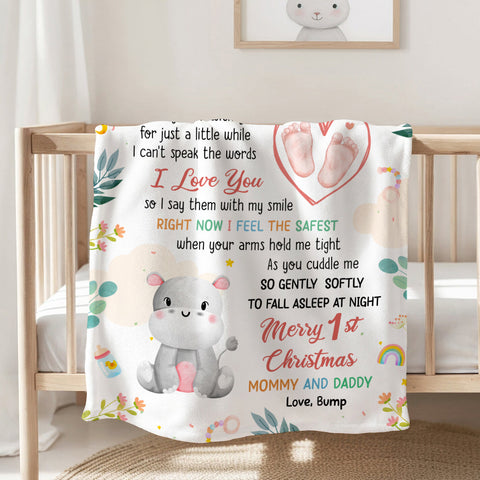Merry 1st Christmas Mommy Daddy I've Only Been With You A While Footprint Baby Hippo, Personalized Blanket, Gifts For New Parents, Fleece Sherpa Blanket, New Parents, Gifts For Xmas