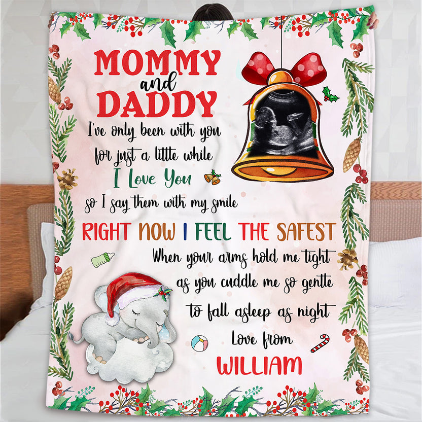 New Parents Gifts, Mommy & Daddy I've Been With You A Little While Elephant And Sonogram Bell, Personalized Blanket, Gifts For New Parents, Fleece Sherpa Blanket, New Parents Blanket
