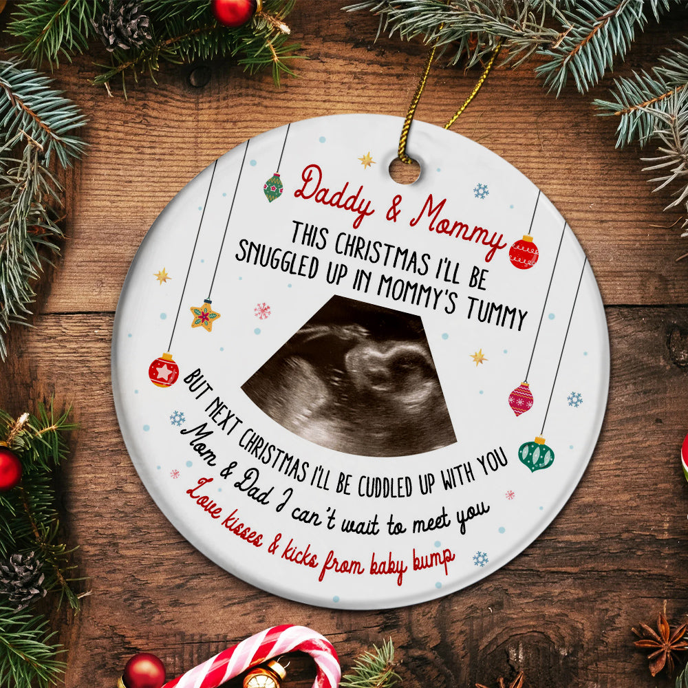 Daddy & Mommy Ultrasound Ornament, Snuggled In Mommy’s Tummy Quote, Pregnancy Reveal Xmas Gift, Custom Sonogram Photo Baby Bump Keepsake