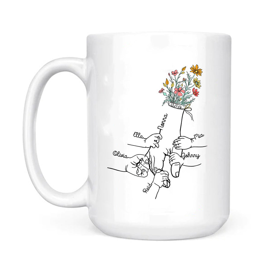Grandma Gifts, Holding Mom's Hand Floral Mug Little Hands Kids Grandkids Holding Mom Nana Hand, Personalized Coffee Mug, Gifts For Nana From Grandson, 11 15oz, Gifts For Mother's Day