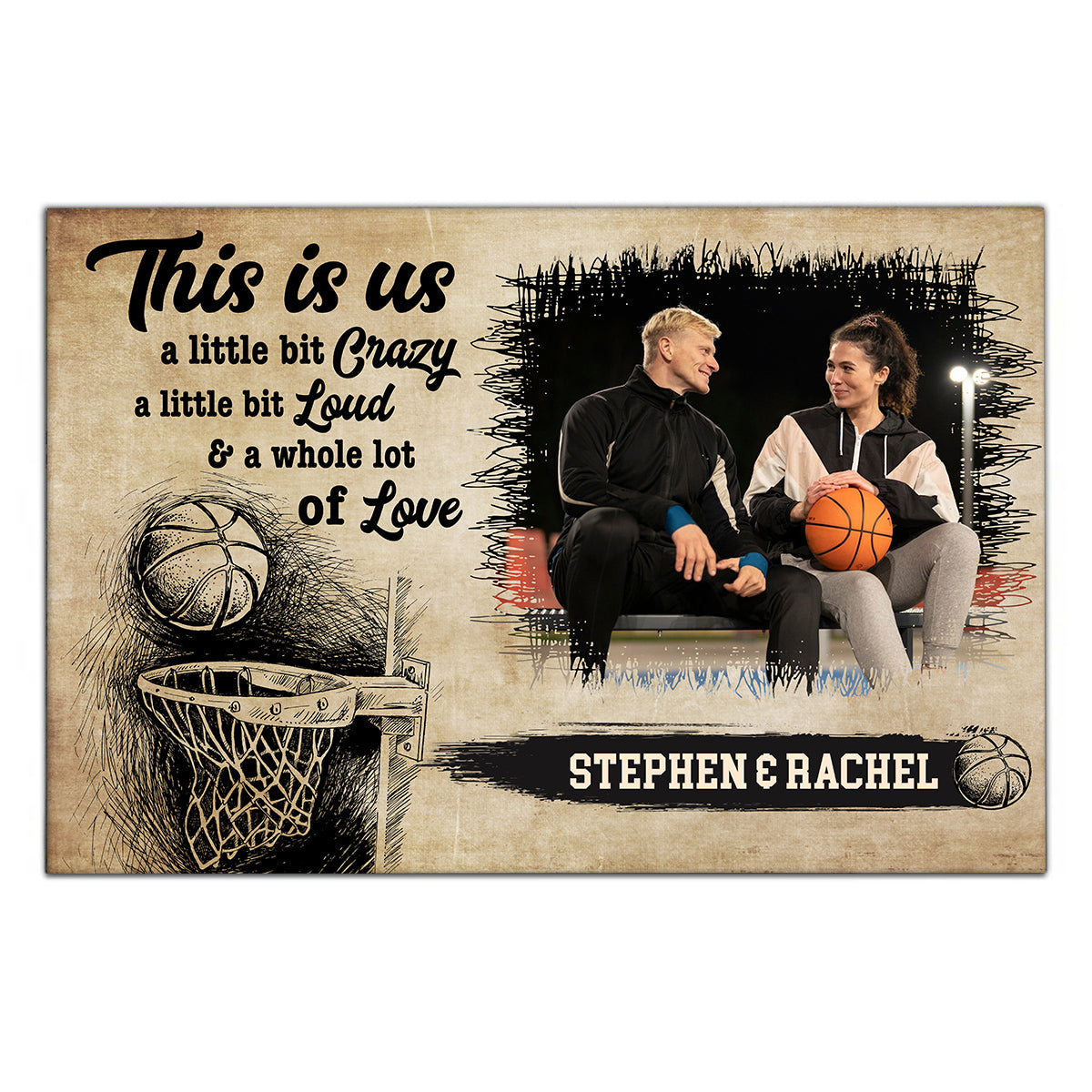 Personalized Name Couple Basketball Canvas Wall Art, A Little Bit Loud & A Whole Lot Of Love Quote Decor, Athletic Theme Print Canvas Wall Art, Gifts For Him Her Poster Prints Decor