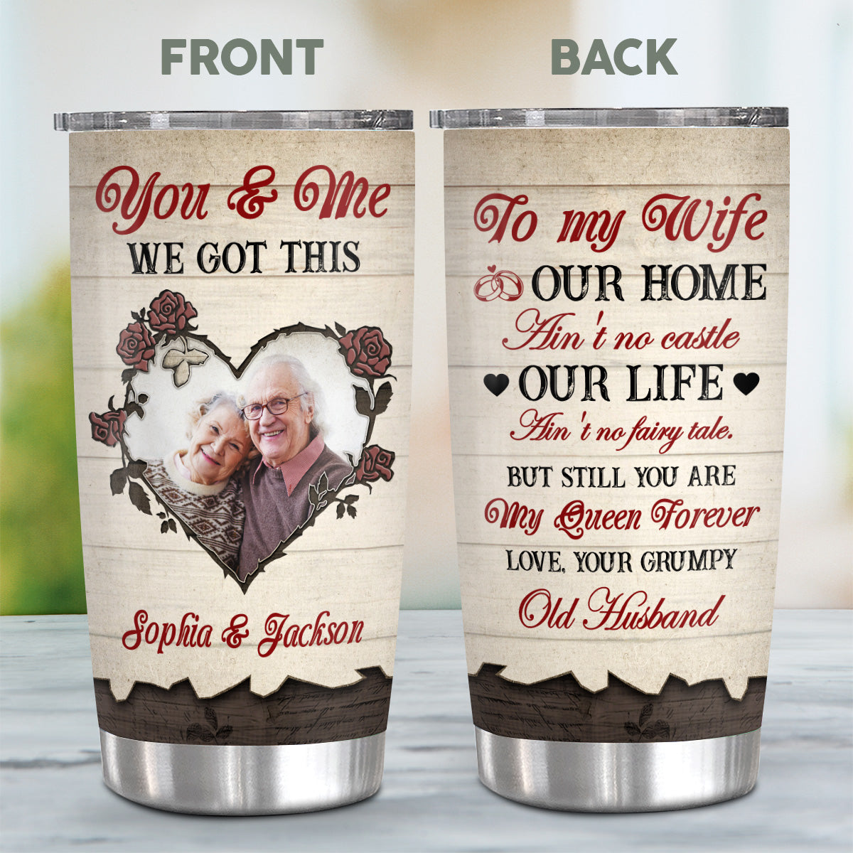 You Me Got This Old Couple Romantic Roses Heart Frame Wooden, Personalized Photo Tumbler, Gifts For Him Her From Honey, Insulated 20oz Travel Cup, Gifts For Valentine