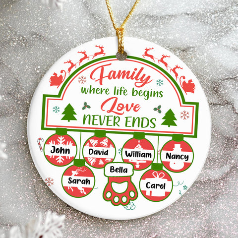 Family Gifts, Family Life Begin Love Not Ends Cute Ball With Names Hanging, Personalized Christmas Ornament, Gifts For Parents Grandparents From Kids Grandkids, Family Ornament