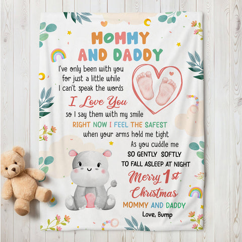 Merry 1st Christmas Mommy Daddy I've Only Been With You A While Footprint Baby Hippo, Personalized Blanket, Gifts For New Parents, Fleece Sherpa Blanket, New Parents, Gifts For Xmas
