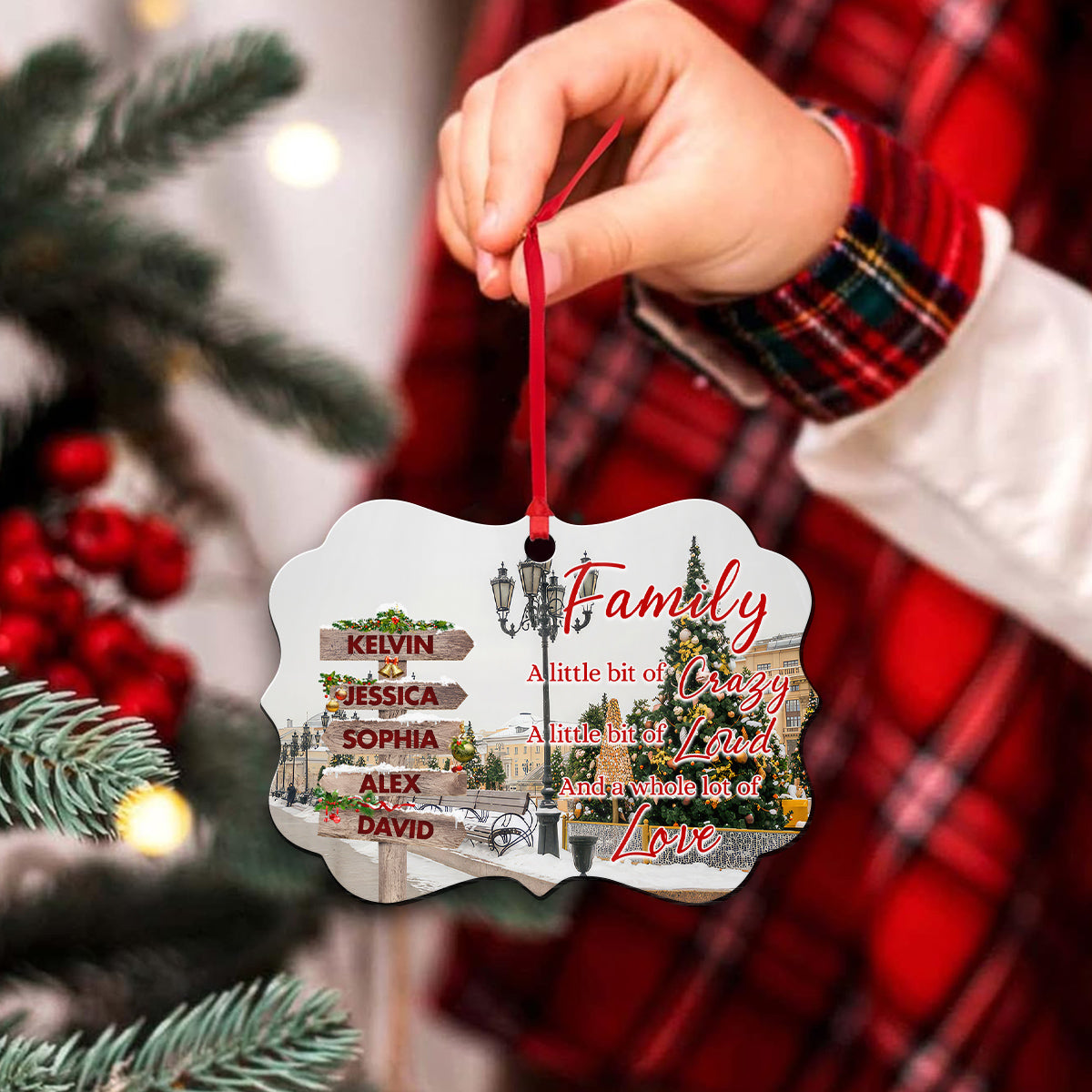 Family Little Bit Of Crazy, Little Bit Loud And Whole Lot Of Love Wooden Street Sign With Names Christmas Ornament Gifts