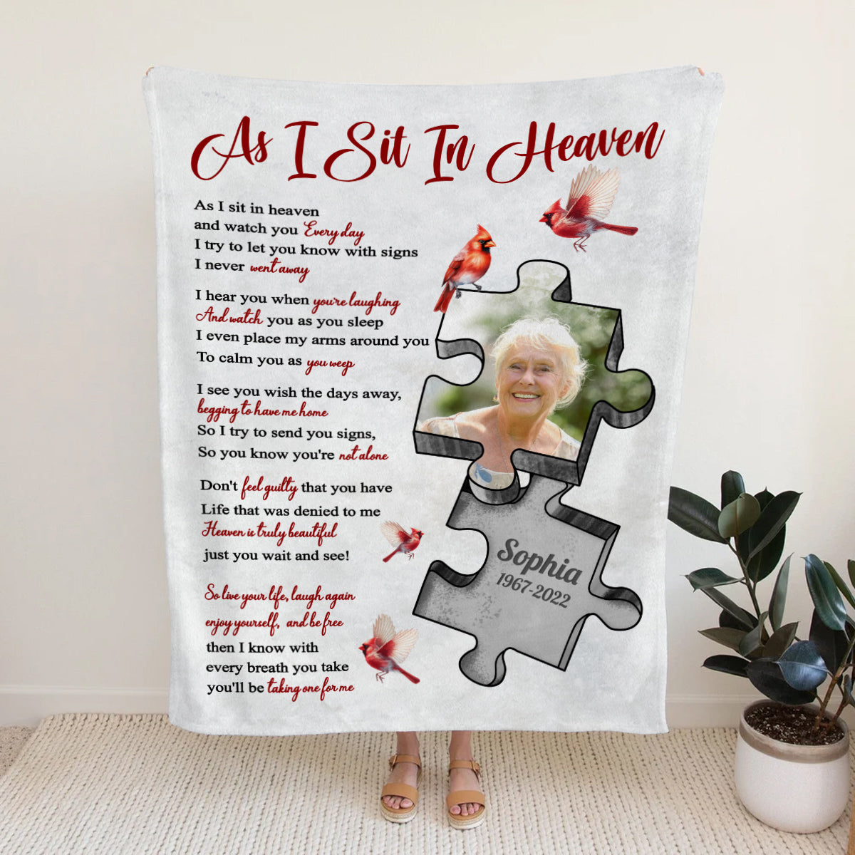 Sympathy Gifts, Memorial Blanket With Photo, In Memory Blanket, Remembrance Words From Heaven, Portrait Image With Symbolic Shape, Watching Over From Heaven Message, Loss Of Mom Dad