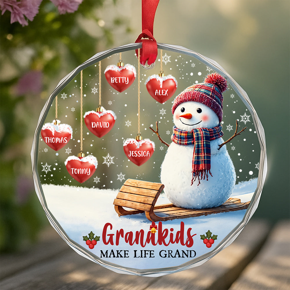 Grandma Gifts, Grandkids Make Life Grand Hearts With Names Snowflakes Grandma Grandpa Grandkids Circle Glass Ornament, Personalized Christmas Ornament, Gifts For Nana From Grandchildren
