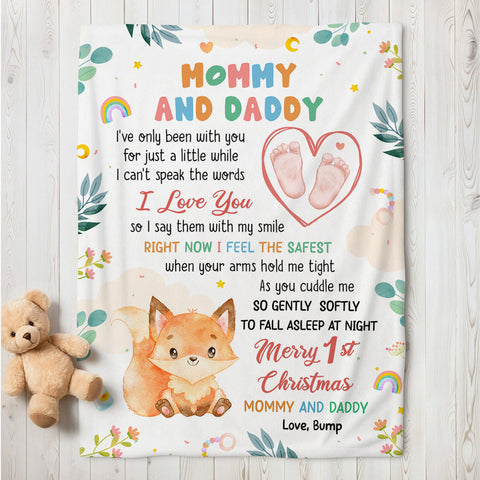 Merry 1st Christmas Mommy Daddy I've Only Been With You A While Footprint Baby Fox, Personalized Blanket, Gifts For New Parents, Fleece Sherpa Blanket, New Parents, Gifts For Xmas