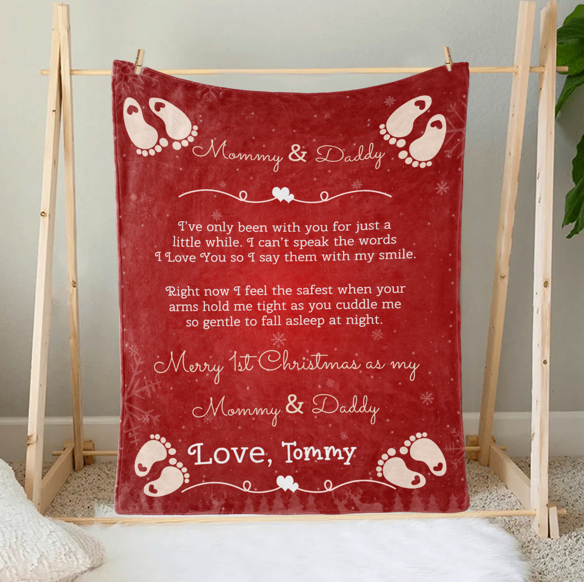 Personalized Blanket For 1st Time Mom Dad From New Born Merry 1st Christmas As Mommy And Daddy Cute Feet Print Custom First Time Mom Gifts Fleece Blanket For Christmas Gender Reveal