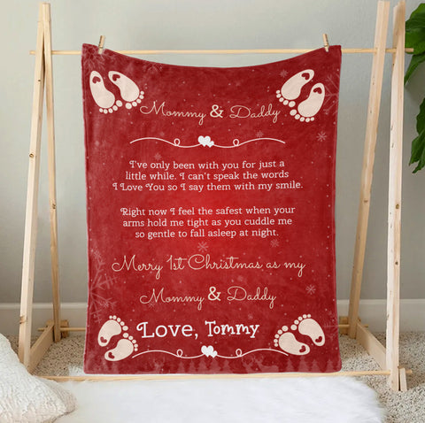 Personalized Blanket For 1st Time Mom Dad From New Born Merry 1st Christmas As Mommy And Daddy Cute Feet Print Custom First Time Mom Gifts Fleece Blanket For Christmas Gender Reveal