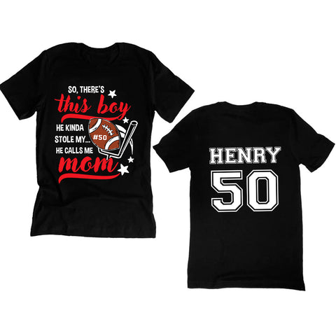 Personalized T-Shirt For Mom Dad From Son Boy Kids Football Gifts He Kinda Stole My Football Fan Football Family Football Games Day Custom Title And Number Short Sleeve Tops Tee Shirt