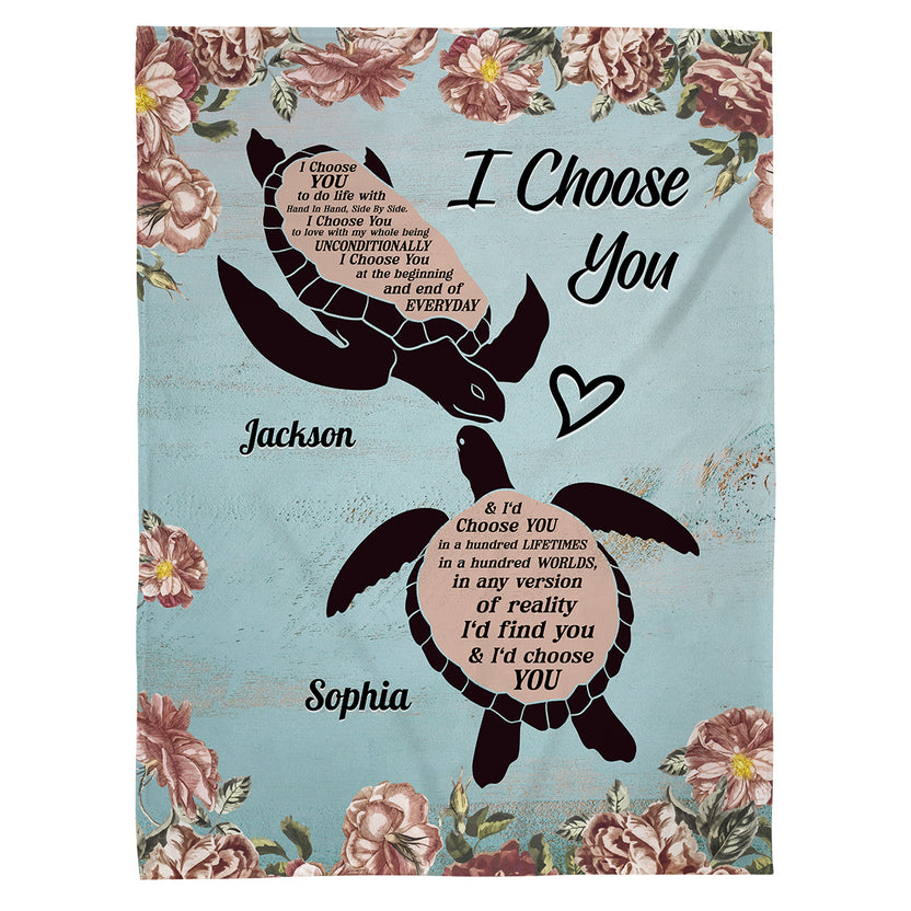 Sea Turtle Couple Floral Silhouette Vintage I'd Find You & I'd Choose You, Personalized Blanket, Gifts For Him Her Honey, Custom Fleece Sherpa Blanket, Gifts For Valentine Anniversary
