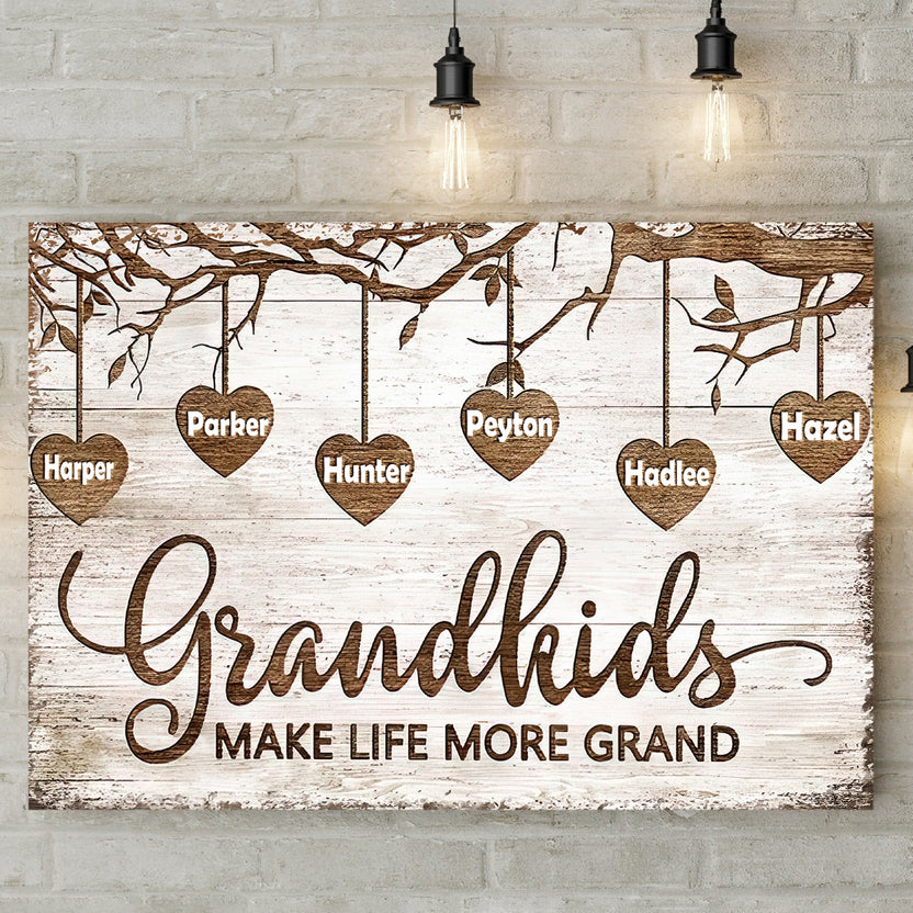 Grandma Gifts, Grandchild Papa And Nana Gifts Grandkids Make Life More Grand Wooden Tree Hearts Personalized Canvas Wall Art, Gifts For Nana Poster Prints Wall Decor, Gifts For Birthday