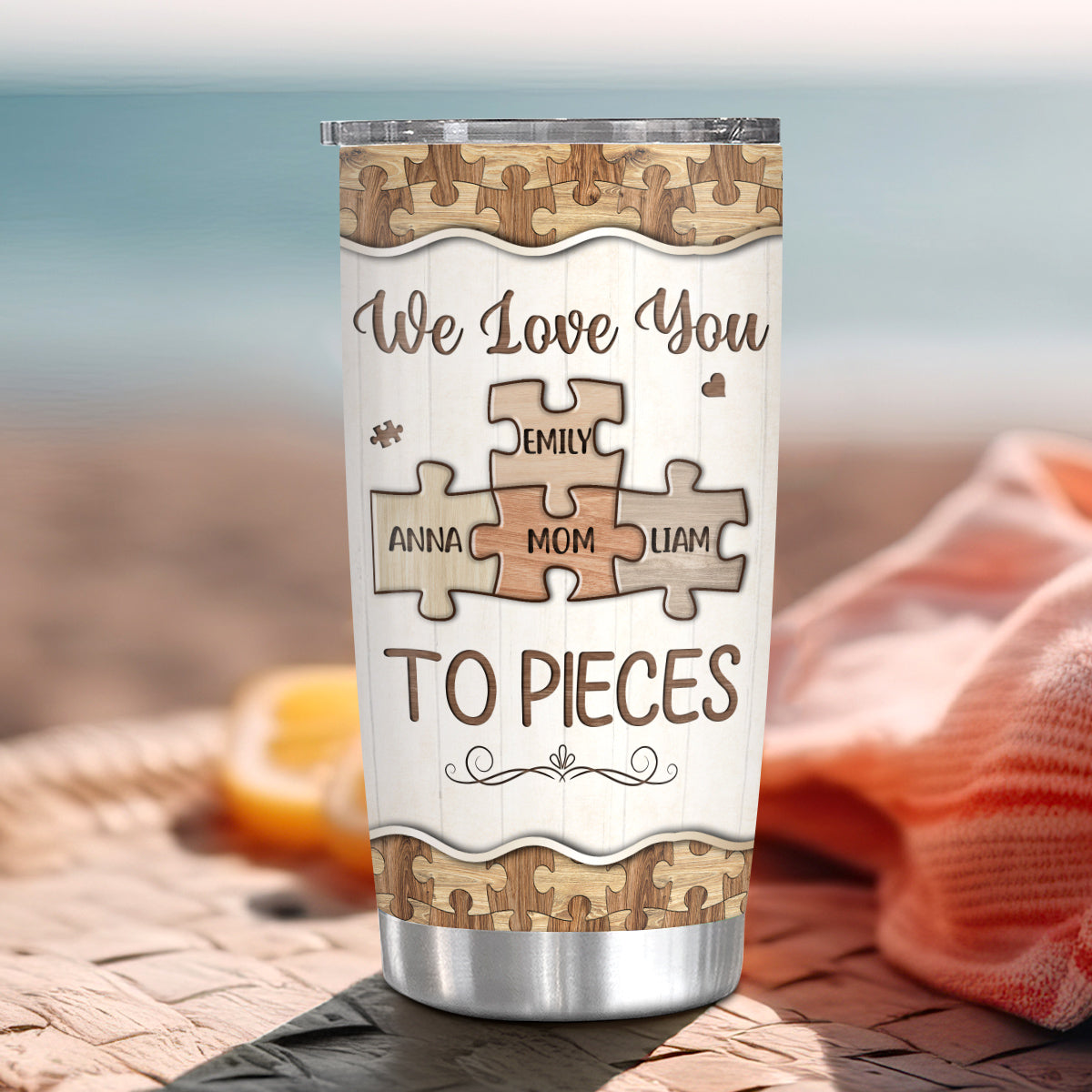 Unique Gifts For Mom, We Love Mom To Pieces Wooden Piece , Personalized Tumbler, Gifts For Mommy Women From Kids Children, 20oz With Lid Travel Cup Birthday Mothers Day