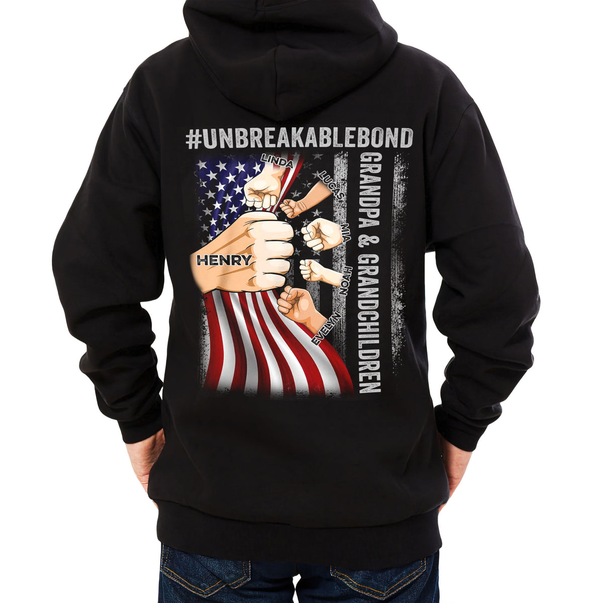 Personalized Shirt For Papa From Grandkids Custom Name Grandpa & Grandsons Granddaughters Unbreakable Bond Flag Back Side T-Shirt Papa Gifts Shirts For Men Family On Christmas
