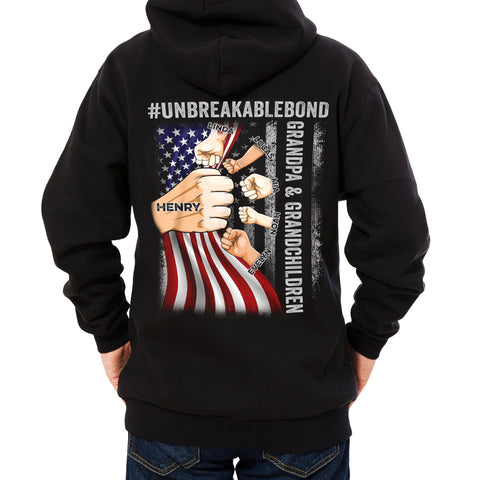 Personalized Shirt For Papa From Grandkids Custom Name Grandpa & Grandsons Granddaughters Unbreakable Bond Flag Back Side T-Shirt Papa Gifts Shirts For Men Family On Christmas