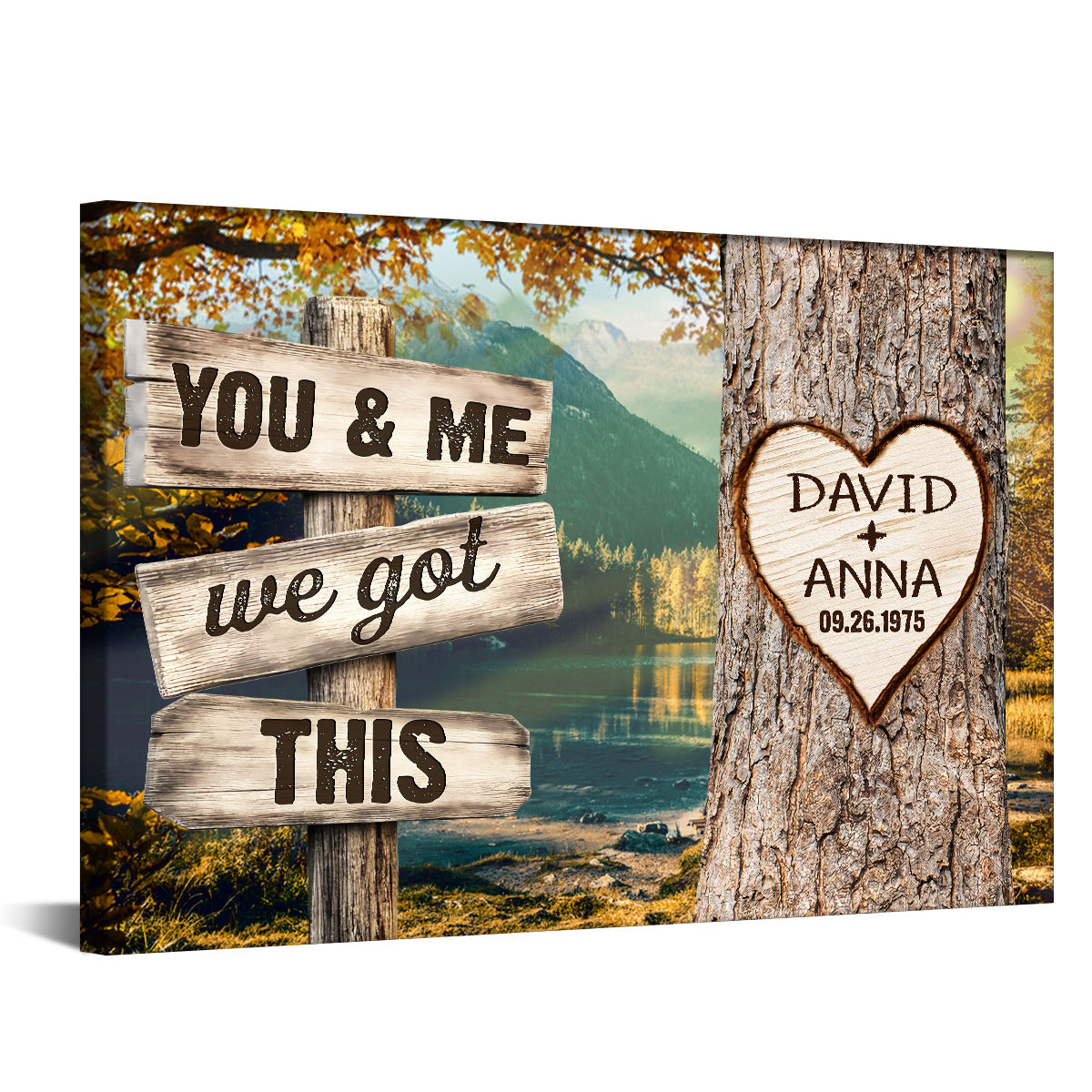 Personalized Couple Poster We Got Rustic Wood Sign Print Custom Name & Date Heart On Tree Autumn Forest Landscape, You & Me, Gifts For Him Her From Honey, Canvas Prints Wall Decor