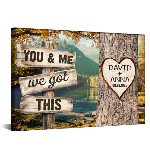 Personalized Couple Poster We Got Rustic Wood Sign Print Custom Name & Date Heart On Tree Autumn Forest Landscape, You & Me, Gifts For Him Her From Honey, Canvas Prints Wall Decor