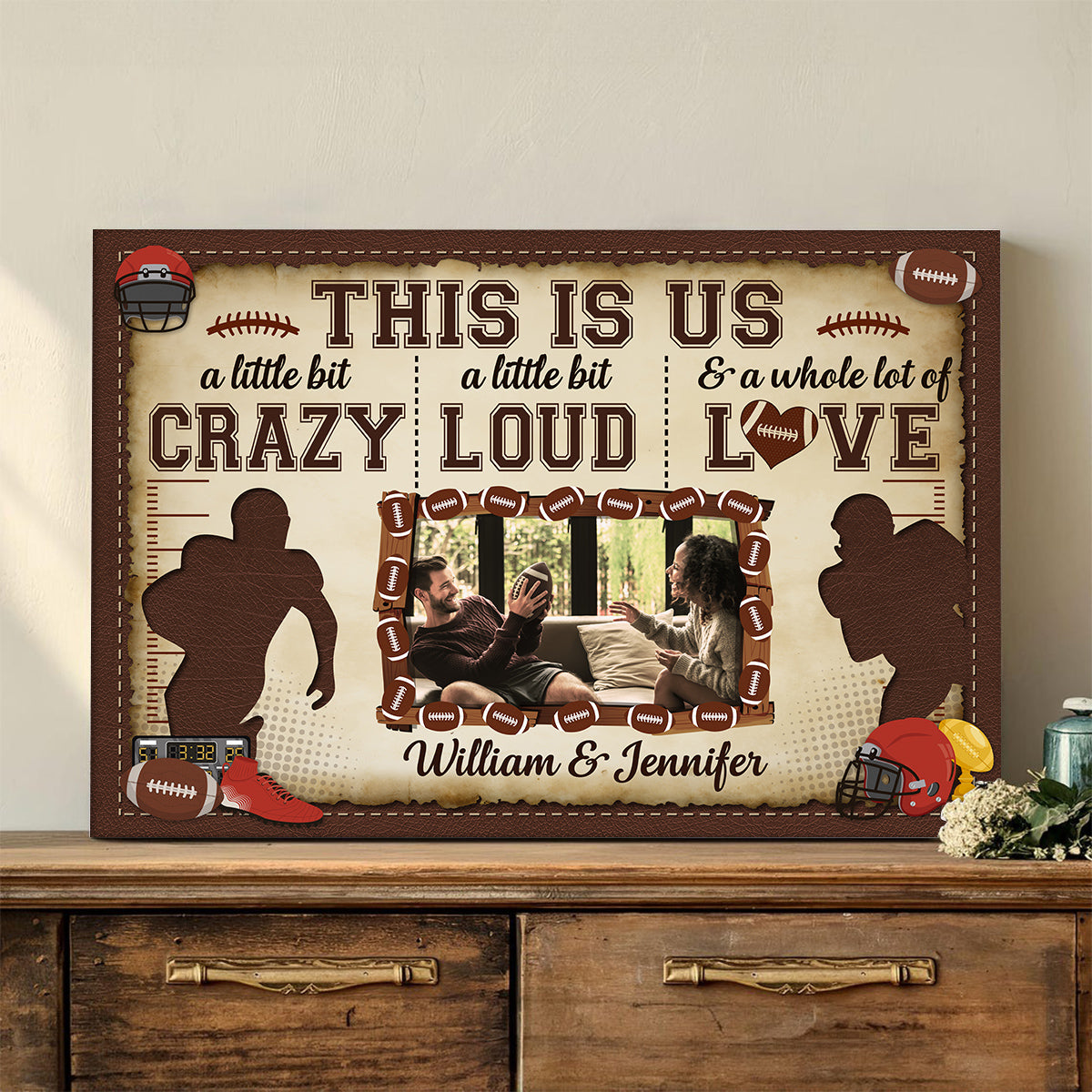 Personalized Name Football Canvas Artwork, A Little Bit Loud & A Whole Lot Of Love Phrase, Sports Couple Theme Decor, Personalized Canvas Wall Art, Gifts For Him Her Honey Poster