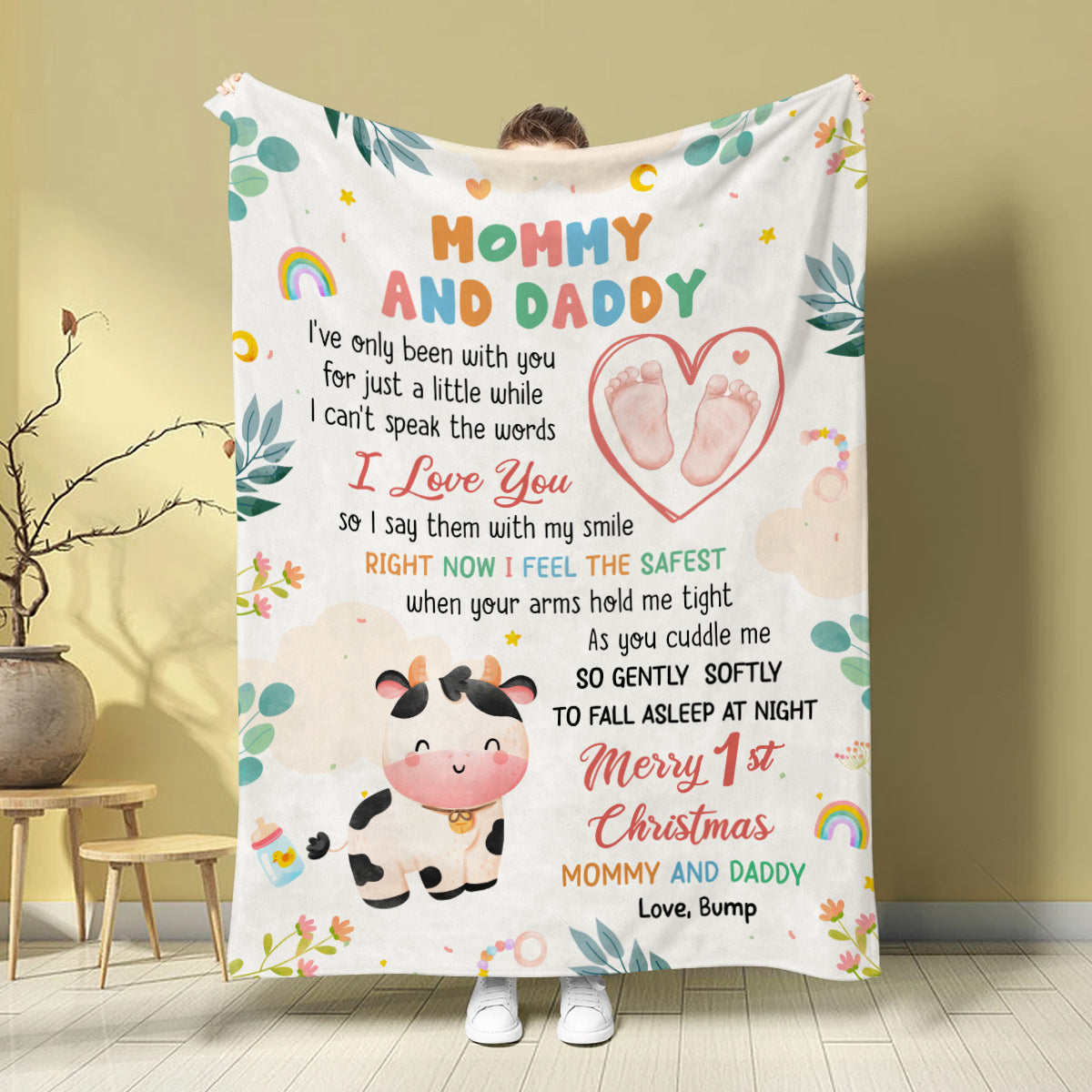 Merry 1st Christmas Mommy Daddy I've Only Been With You A While Footprint Baby Cow, Personalized Blanket, Gifts For New Parents, Fleece Sherpa Blanket, New Parents For Xmas Christmas