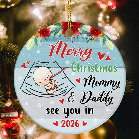 Mom To Be Gifts, Merry Christmas As Mommy & Daddy Sleeping Baby Bump, Custom Baby Announcement Circle Ornament, Holiday Decor, Maternity Circle Ornament Gifts For New Mommy
