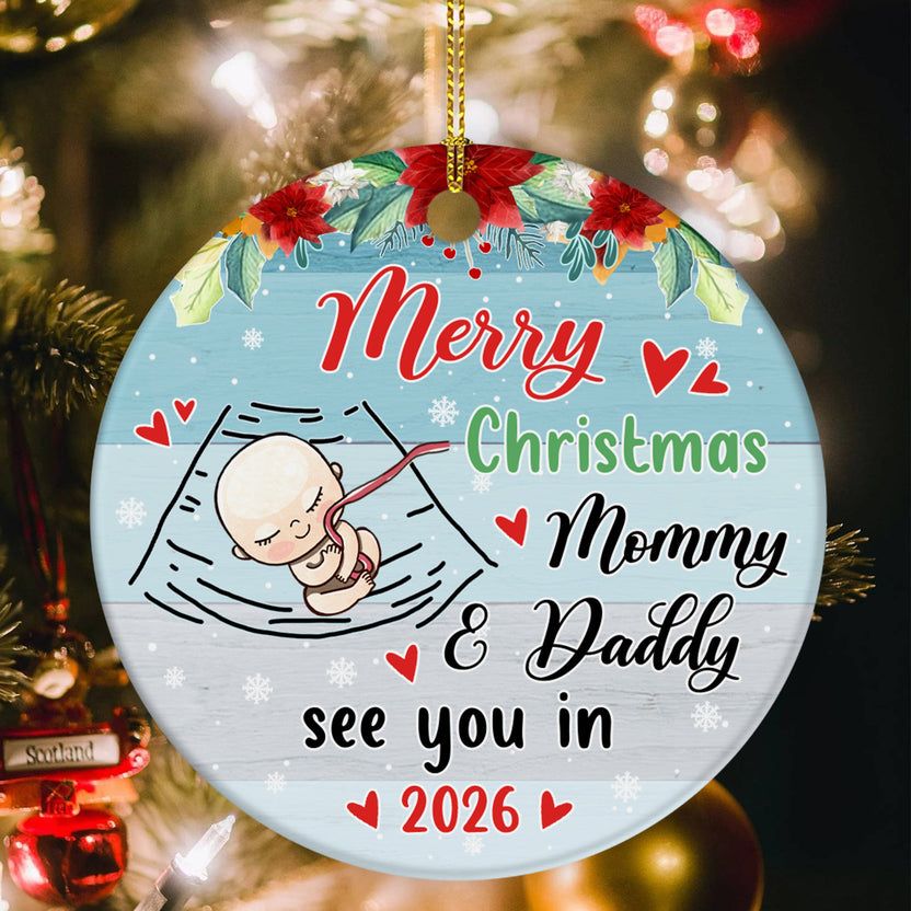 Mom To Be Gifts, Merry Christmas As Mommy & Daddy Sleeping Baby Bump, Custom Baby Announcement Circle Ornament, Holiday Decor, Maternity Circle Ornament Gifts For New Mommy
