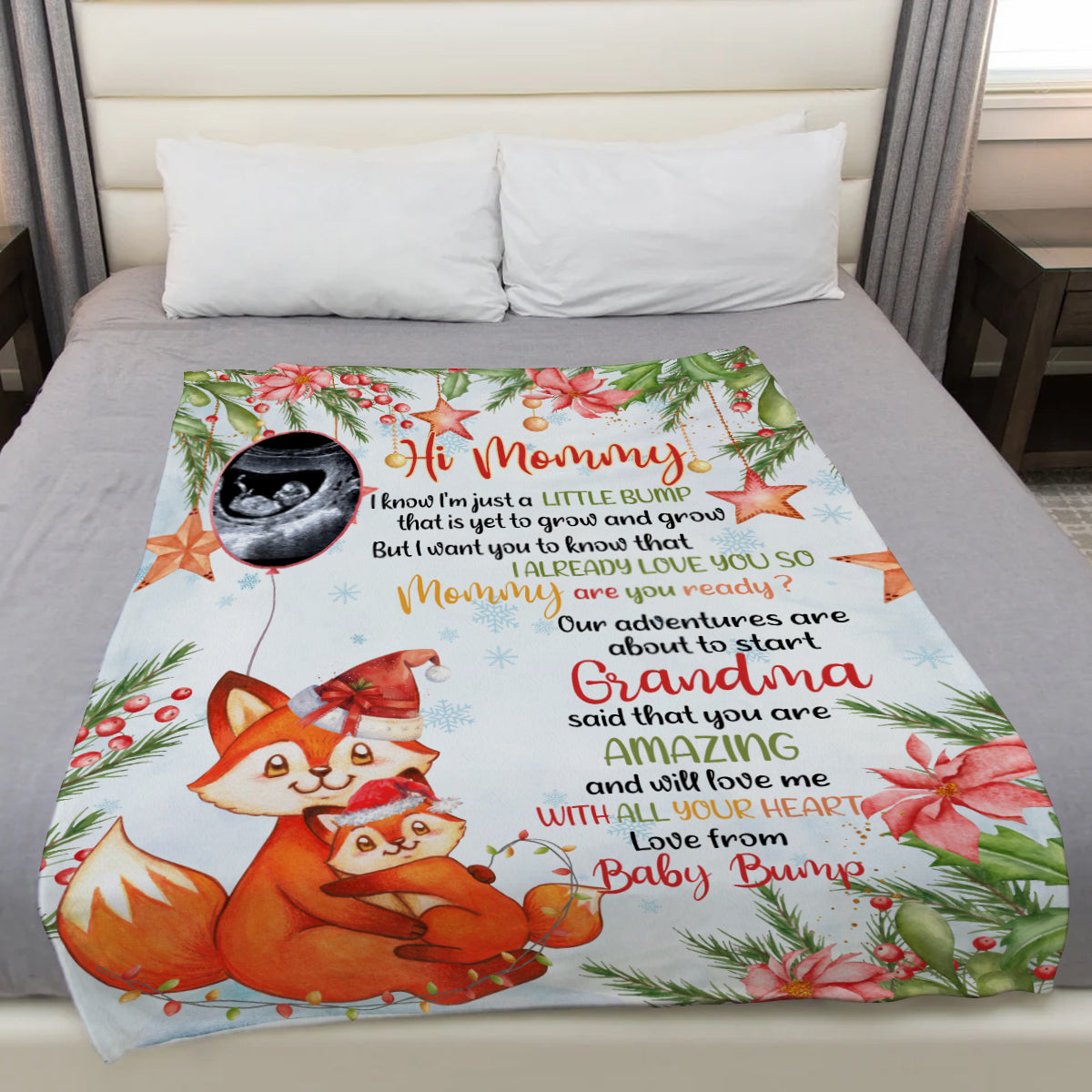 Fox Pregnancy Announcement Blanket From Baby Bump Hi Mommy, Ultrasound Reveal Gifts New Mom And Father, Soft Blanket For Expecting Mother, Cute Christmas Keepsake Gifts For New Parents