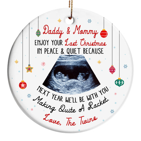 Daddy & Mommy Twins Ultrasound Ornament, Last Peaceful Christmas, Pregnancy Reveal Xmas Gift, Custom Sonogram Expecting Parents Keepsake