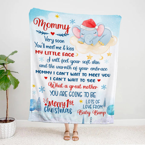 Gifts For New Mom, Mommy I Can't Wait To Meet You Snowflakes Elephant Sleeping In Moon, Personalized Blanket, Gifts For New Mommy, Fleece Sherpa, New Mom Blanket, Gifts For Xmas