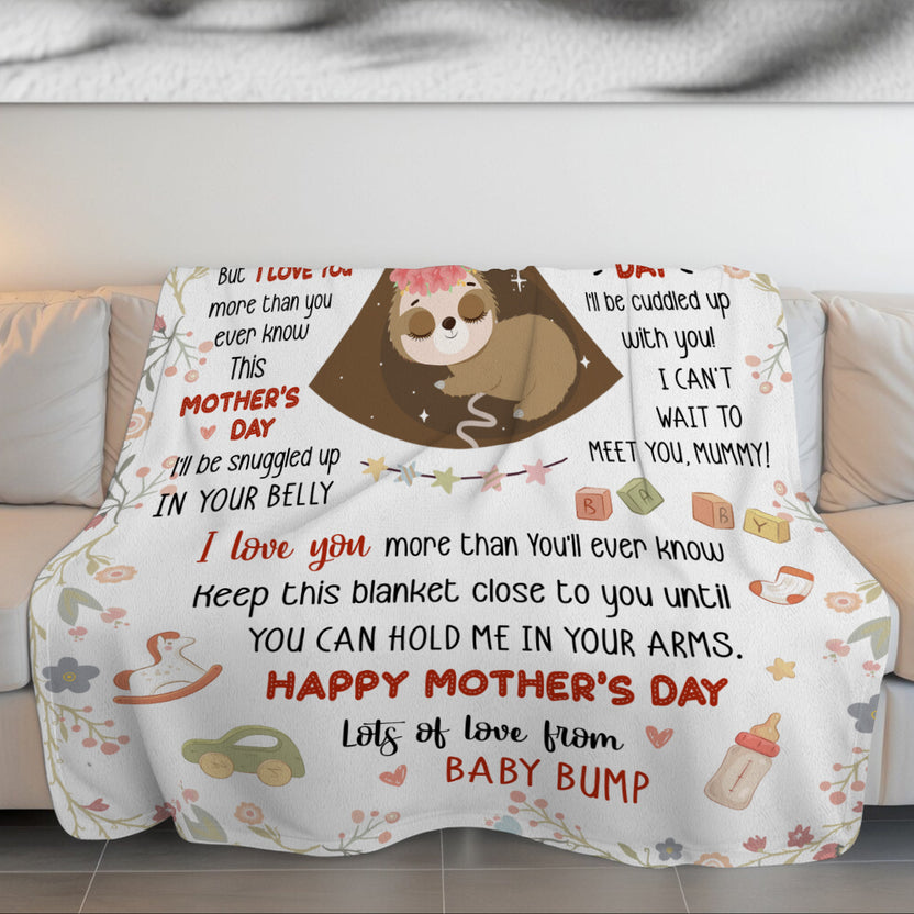 Mom To Be Gifts, I Can't Wait To Meet You 1st Mothers Day Baby Sloth Sleeping In Mommy's Belly Blanket, Gifts For New Mommy, Fleece Sherpa, New Mom Blanket For Mother's Day