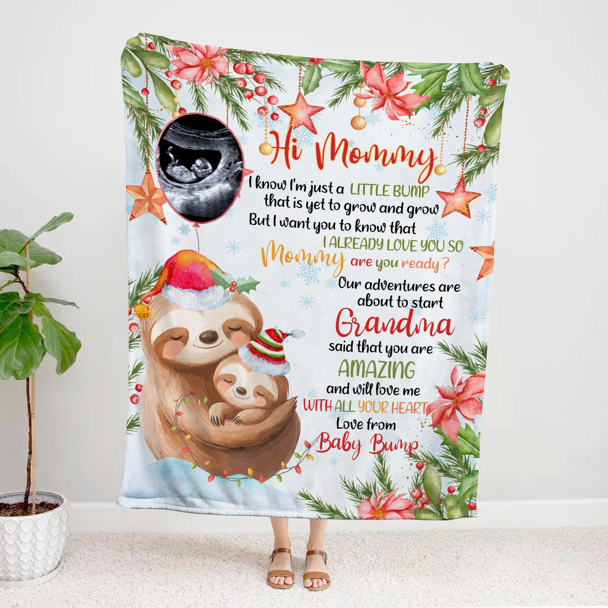 Personalized Sloth Pregnancy Announcement Fleece Sherpa Blanket, Ultrasound Baby Bump Gifts For New Mom New Dad, Meaningful Baby Reveal Keepsake, Expecting Parents Christmas Presents