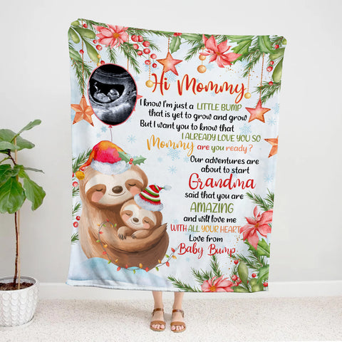 Personalized Sloth Pregnancy Announcement Fleece Sherpa Blanket, Ultrasound Baby Bump Gifts For New Mom New Dad, Meaningful Baby Reveal Keepsake, Expecting Parents Christmas Presents