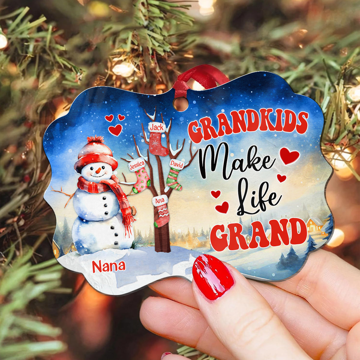 Gifts For Grandma, Cute Stocking In Xmas Tree Grandkids Make Life Grand, Personalized Christmas Ornament, Gifts For Gigi From Grandkids, Xmas Tree Hanging Medallion Aluminum Ornament