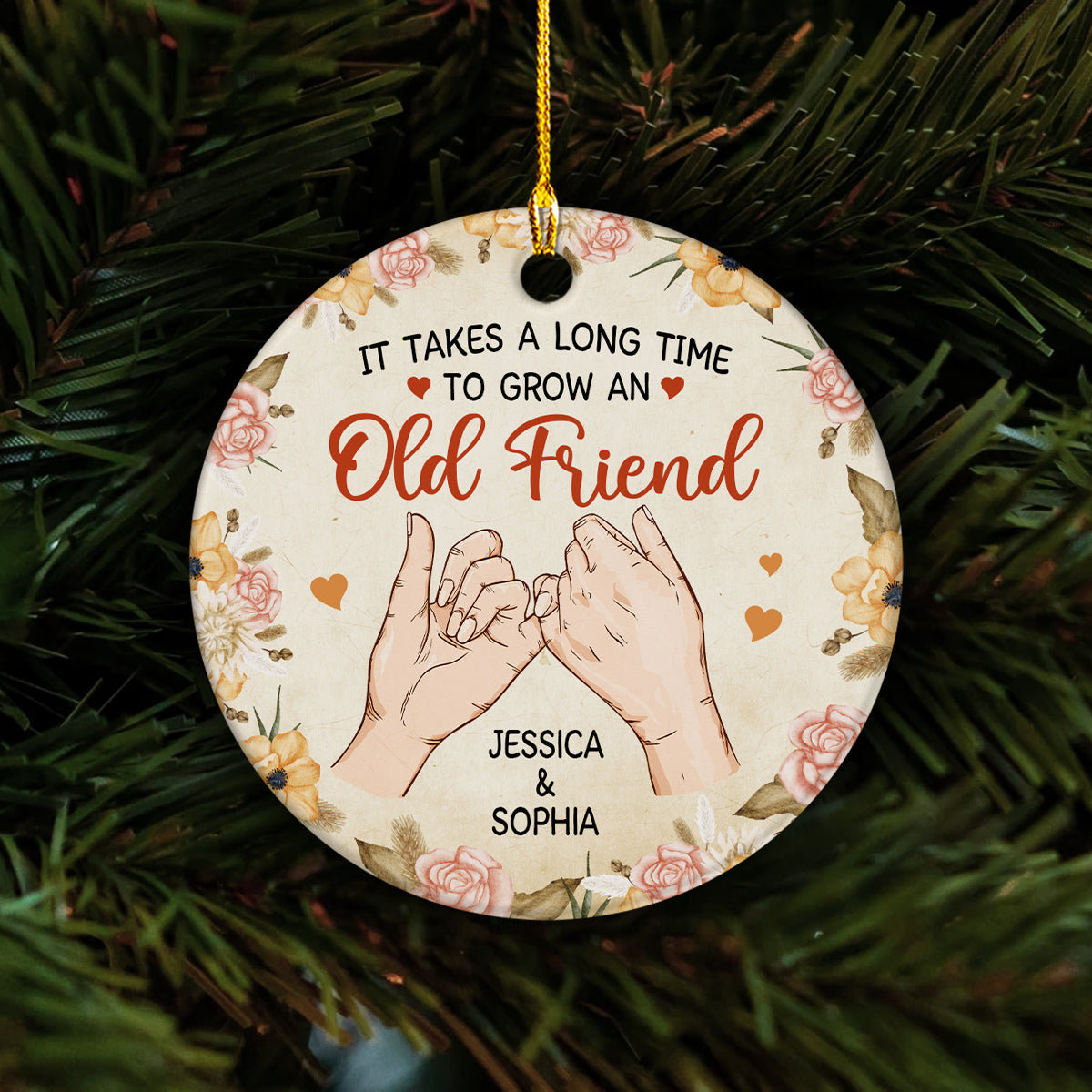 It Takes A Long Time To Grow An Old Friend, Personalized Name Tree Decor, Pinky Promise Hands, Personalized Christmas Ornament, Gifts For Old Ladies, Xmas Tree Decor Hanging